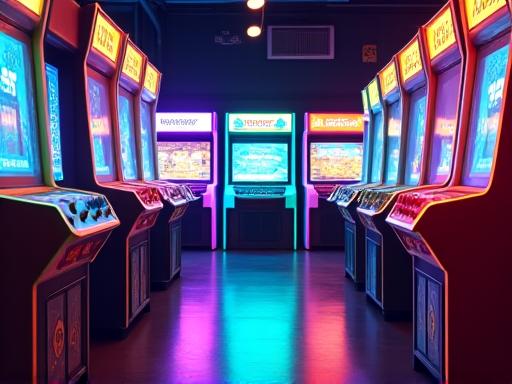 A vibrant shot of glowing arcade machines.