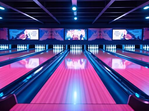 A pristine view down a well-lit bowling lane.
