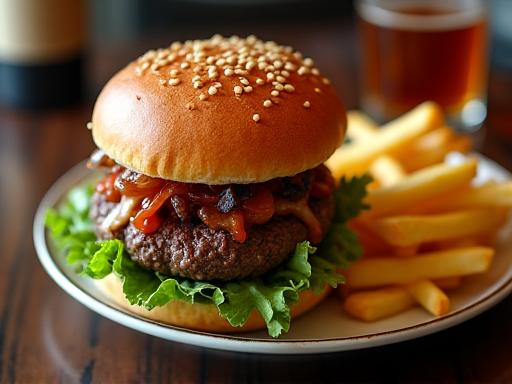 A mouth-watering burger and fries platter.