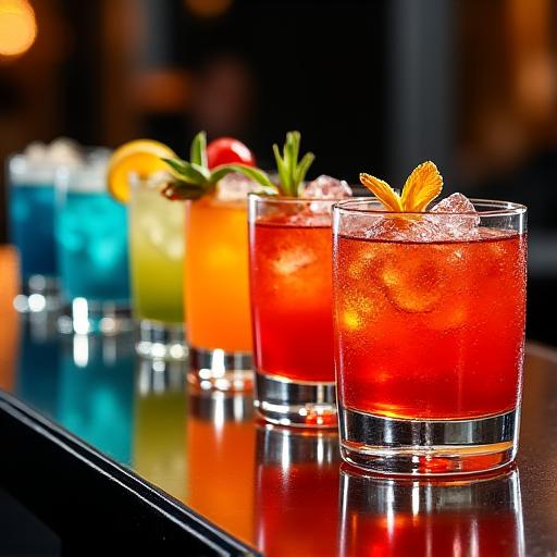 A lineup of colorful, artfully prepared craft cocktails with garnishes on a bar top.