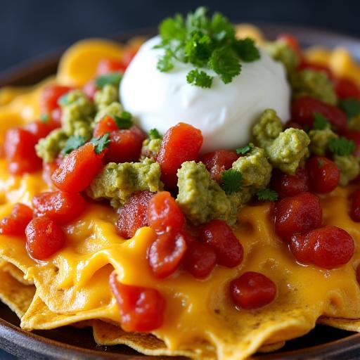 A large platter of nachos loaded with melted cheese, vibrant salsa, creamy guacamole, and sour cream.
