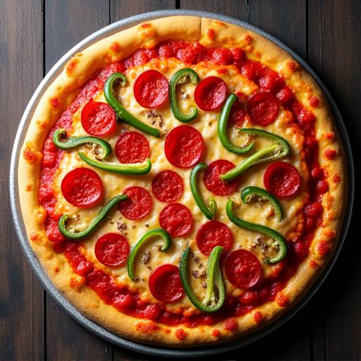 An overhead shot of a freshly baked supreme pizza with generous toppings and gooey cheese.