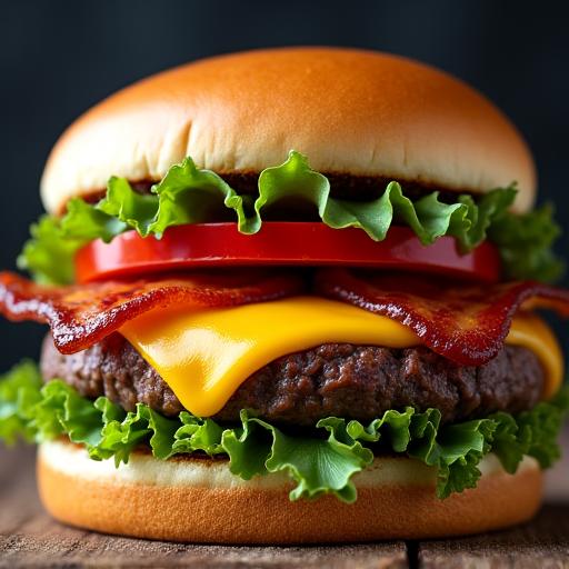A close-up of The Titan Burger with melted cheese, crispy bacon, and fresh toppings.