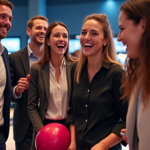 Colleagues laughing together during a corporate bowling event, fostering team spirit.