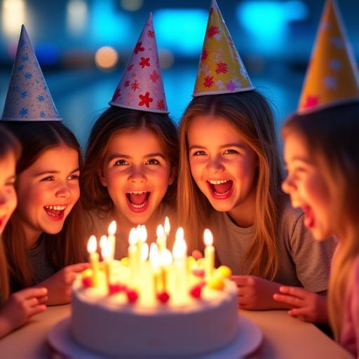 Children celebrating around a birthday cake at a bowling lane, full of joy.